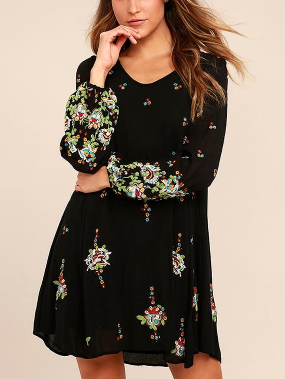 Free People Oxford Embroidered Swing Dress Black Boho Pockets Large